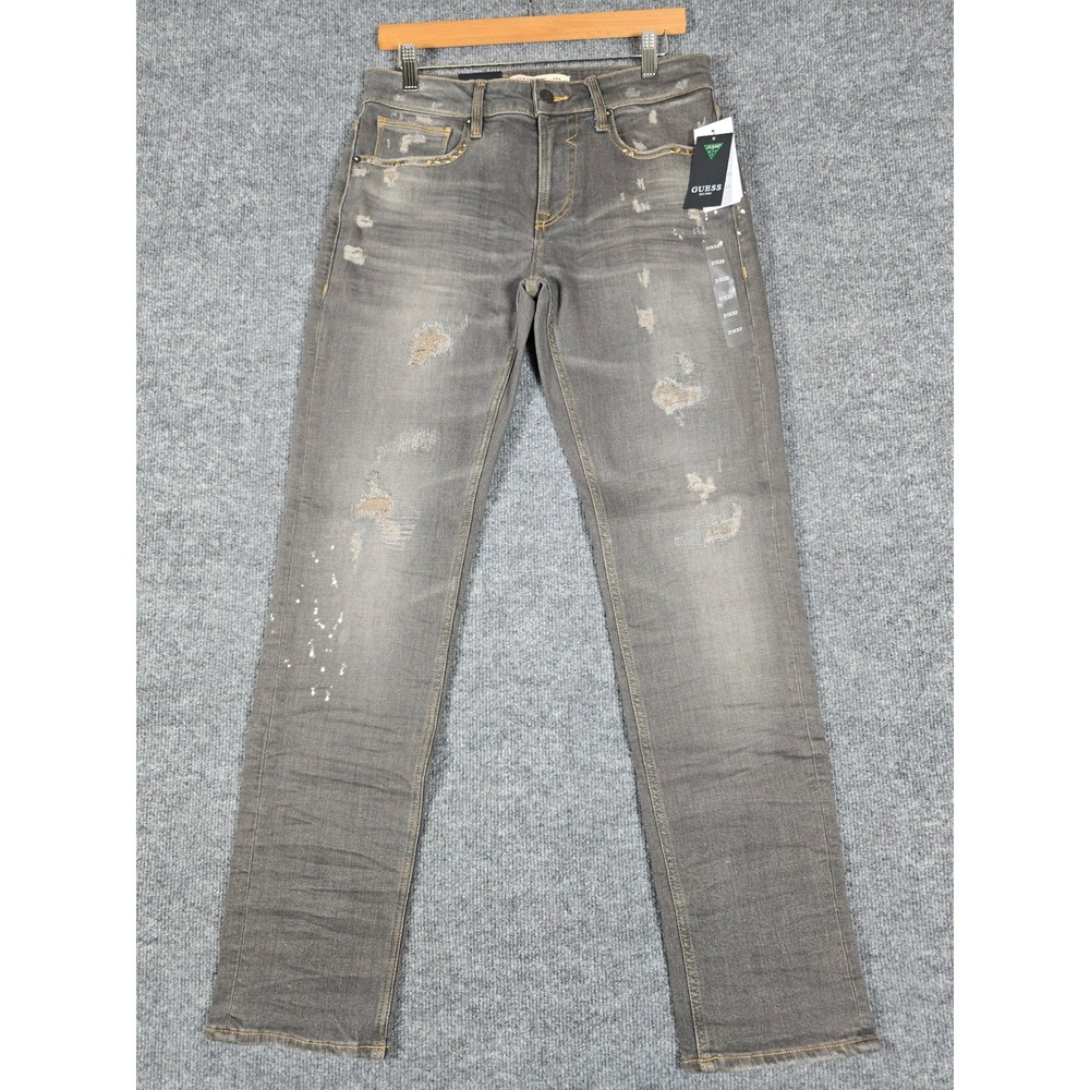NWT GUESS Mens Angels Denim Jeans Breaker Slim Fit Distressed Studded Grey 31x32